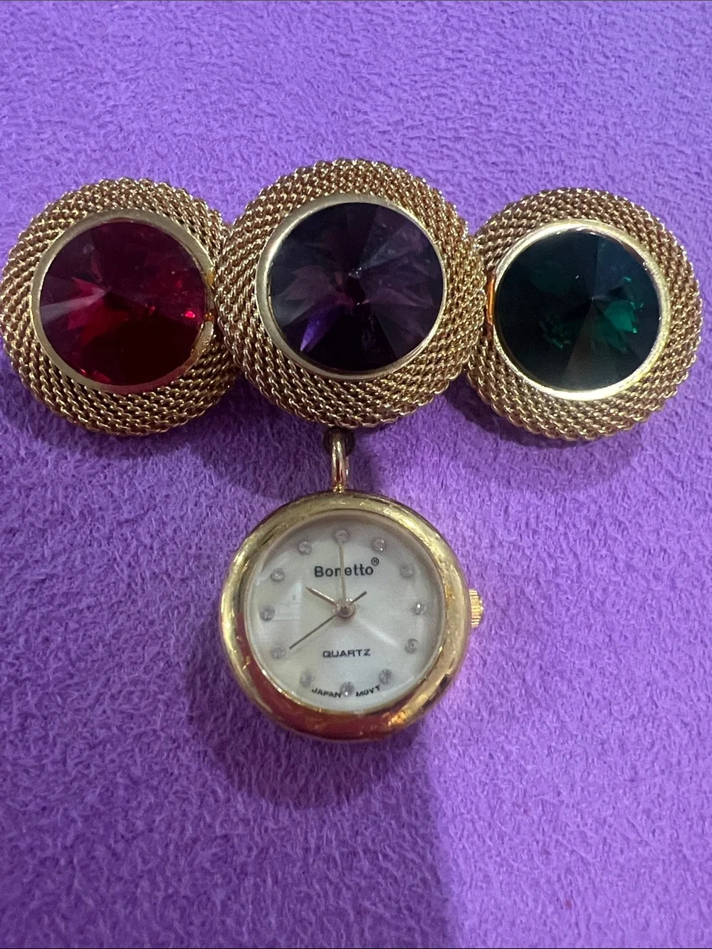 B111- gold-Tone Multi-Crystal Nurse Fob Watch brooch- Red, Purple, Green